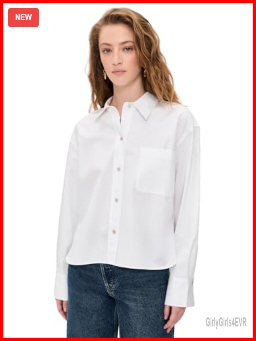 Cropped Button Down Shirt Long Sleeve Collared Relaxed Fit Boxy